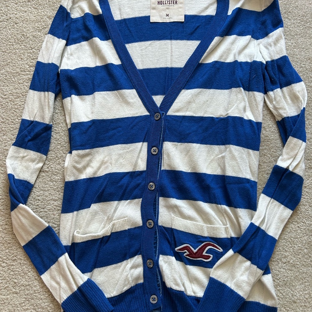 Hollister Blue and White Button-Up Sweater